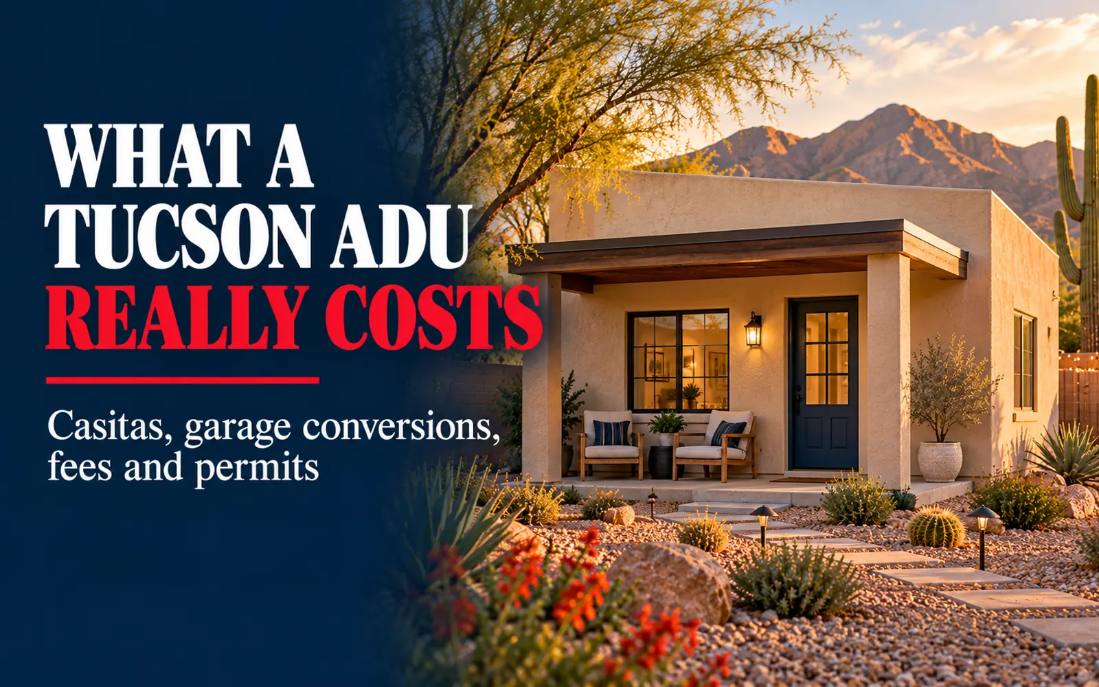 Tan stucco casita with a dark blue front door and desert-landscaped yard at golden hour in Tucson, illustrating an accessory dwelling unit (ADU)
