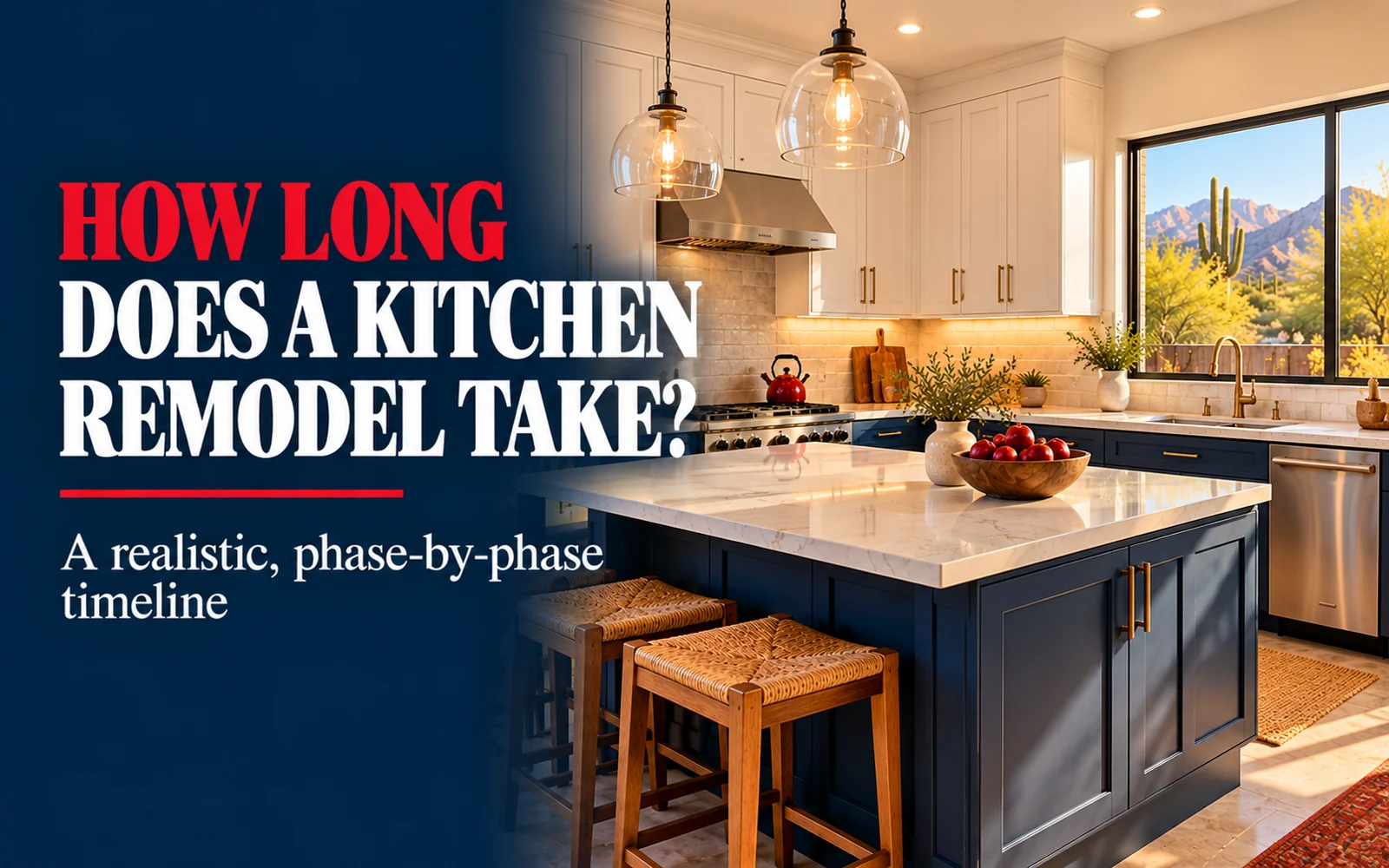 Interior view of a modern renovated kitchen in Tucson featuring white cabinets, a navy blue island, and a mountain view through the window, illustrating the final stage of a kitchen remodel