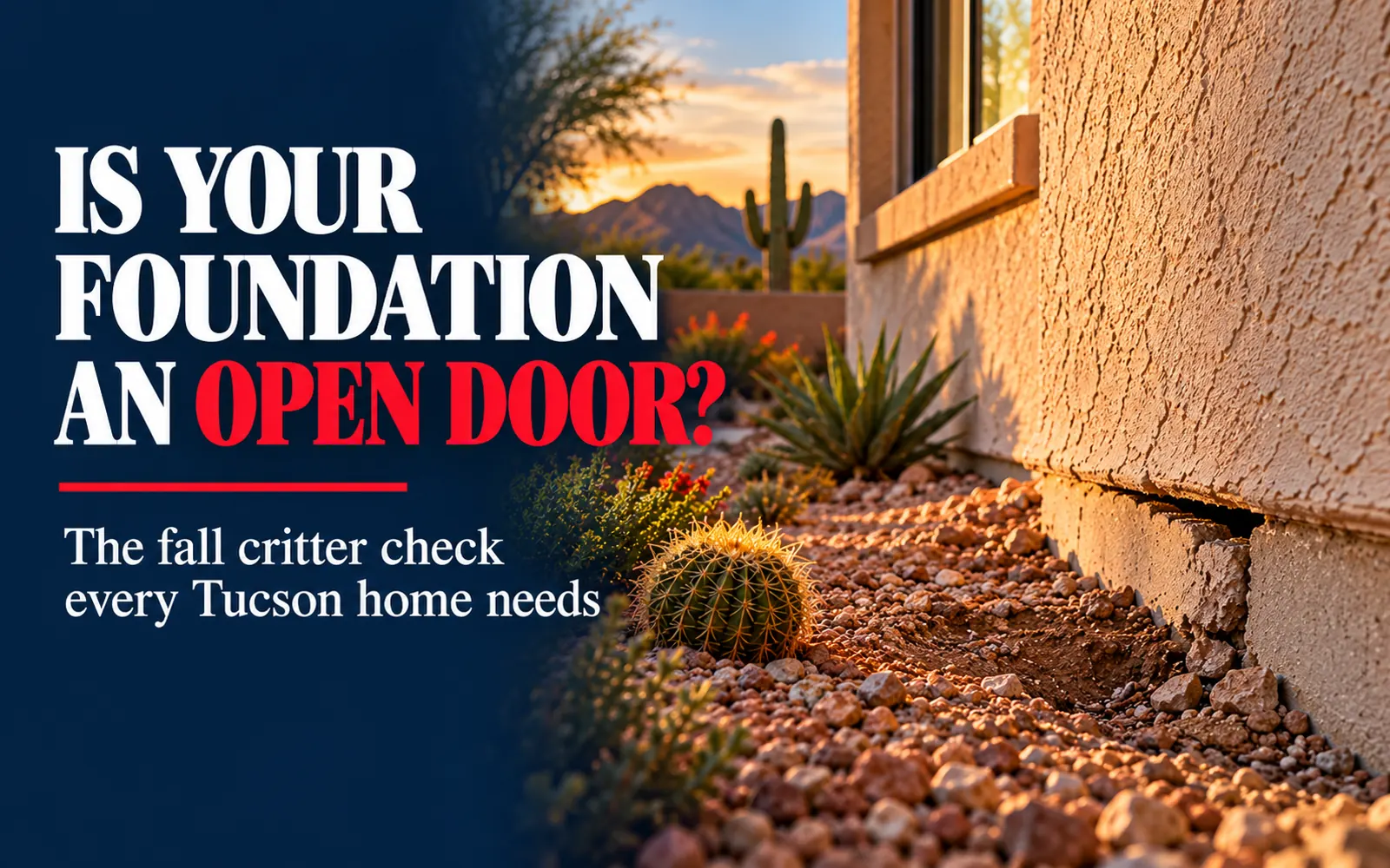 Tucson stucco home exterior at sunset with a visible gap at the base of the foundation wall and desert landscaping, illustrating a fall critter-proofing check